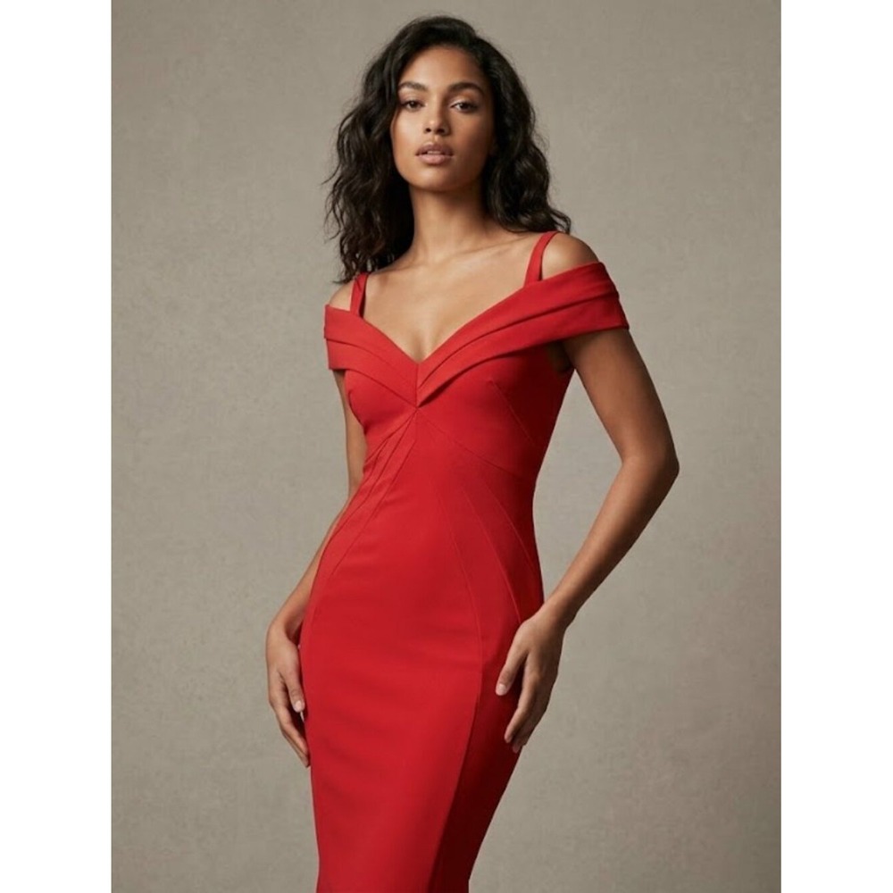 Red Off The Shoulder V-Neck‎ Mermaid Evening Gown Formal MIDI Dress Sz 38